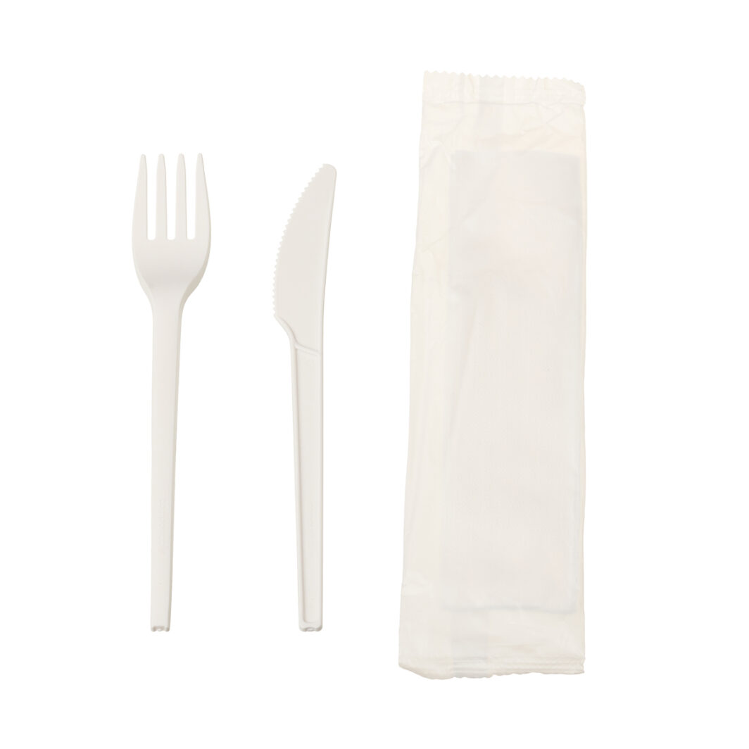 3 in 1 Cutlery Set - CPLA 16cm Knife, Fork & Serviette (100)